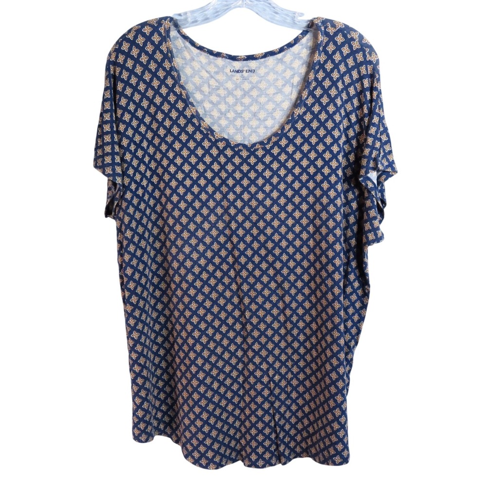LANDS' END Soft Knit Blouse Shirt Top NAVY BLUE PETAL PRINT Scoop Neck Relaxed L